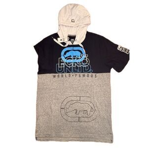 Ecko Unltd Hoodie Shirt Medium Black Gray Color Block Logo Short Sleeve